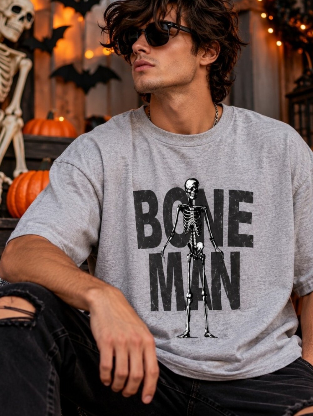Gildan 2XL Bone Man Skeleton Graphic Tee Gray Halloween Goth Oversized NWT